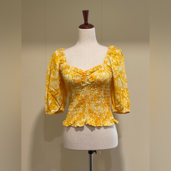 Open Edit Yellow Ballon Puff Sleeve Smocked Top with Floral Print L - Picture 3 of 8
